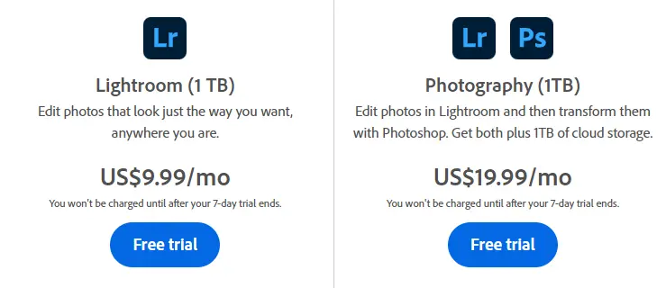 photoshop vs lightrooom: pricing difference